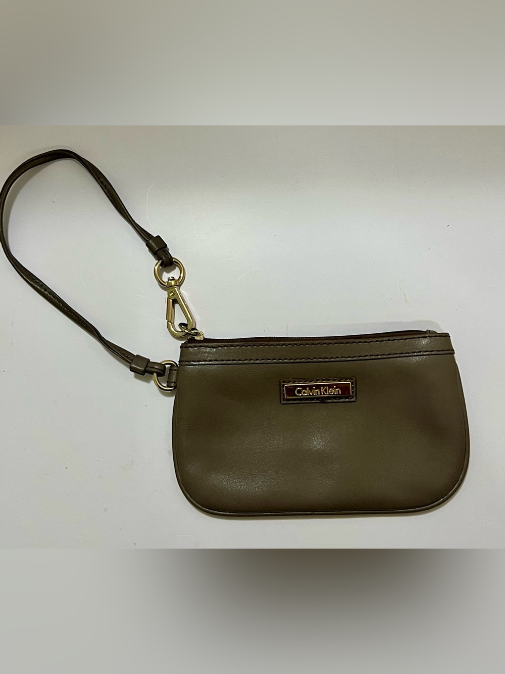 Calvin Klein Taupe Olive Wristlet Clutch Gold Hardware